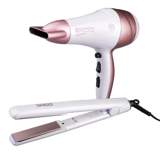 Kit Combo Secadora de Cabello con Boquilla y Plancha Alaciadora Ceramica Timco COM-08 SIN