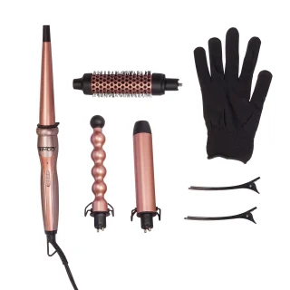 Kit Combo 4 en 1 Ferro Cepillo Tenaza Rizadora de Cabello Puntas intercambiables con Guante Protector Antifrizz Control Keratin Timco TDL288