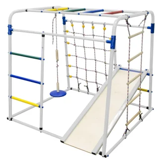 Gimnasio Infantil de Suelo con Escalera, Columpio y Tobogán START BABY PLUS1 123*133*120 cm Blanco- ArcoIris